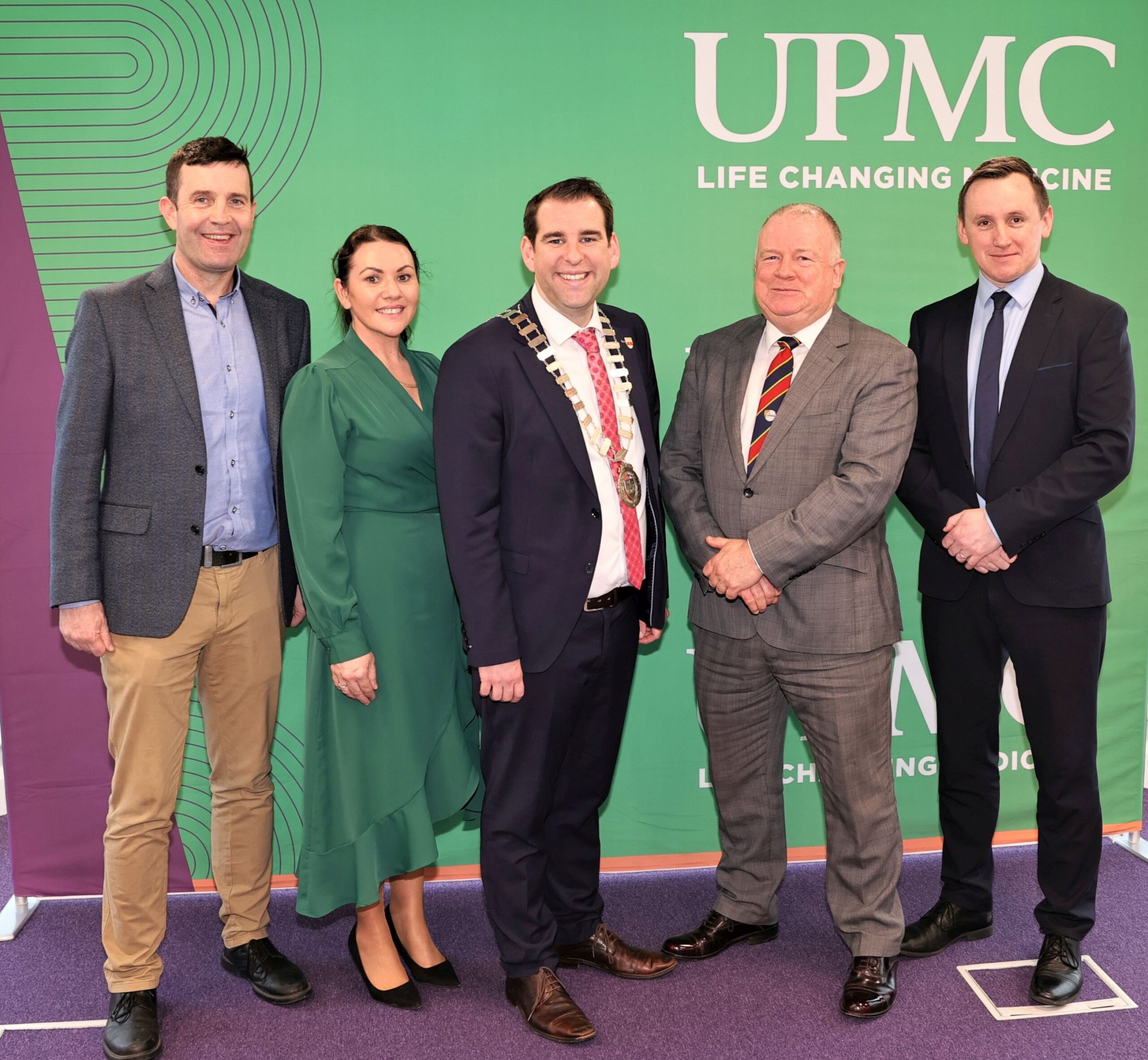 Colin Doyle, Chair Carlow LGFA, Miriam Griffin, UPMC Centre Carlow, Fintan Phelan, Mayor of the Carlow Municipal District, Jim Bolger, Chairman of Carlow GAA, and John Windle, General Manager UPMC Sports Medicine.