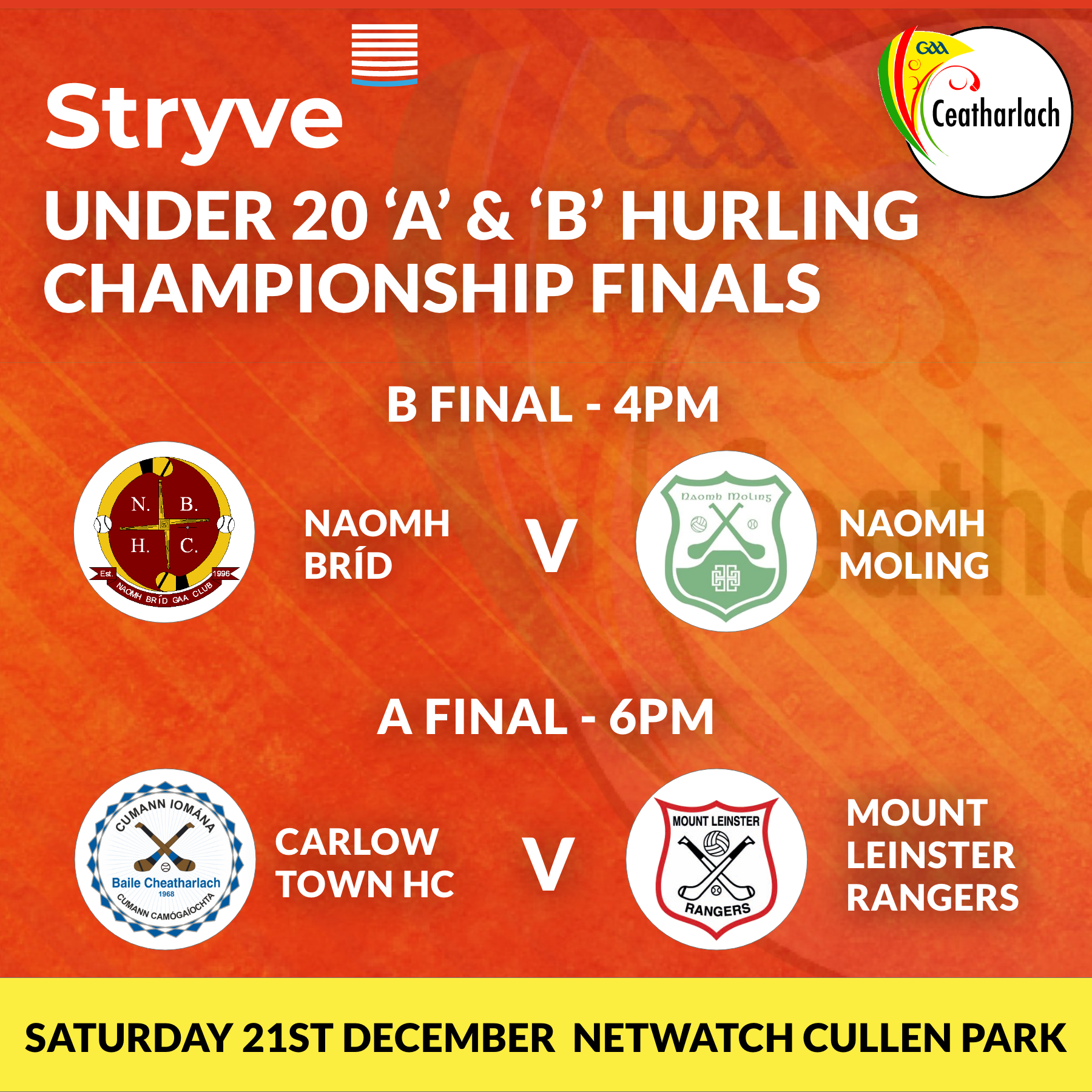 Stryve Under 20 'A' and 'B' Hurling Championship Finals.