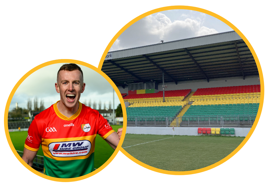 Image of a Carlow GAA player and stand at Netwatch Cullen Park